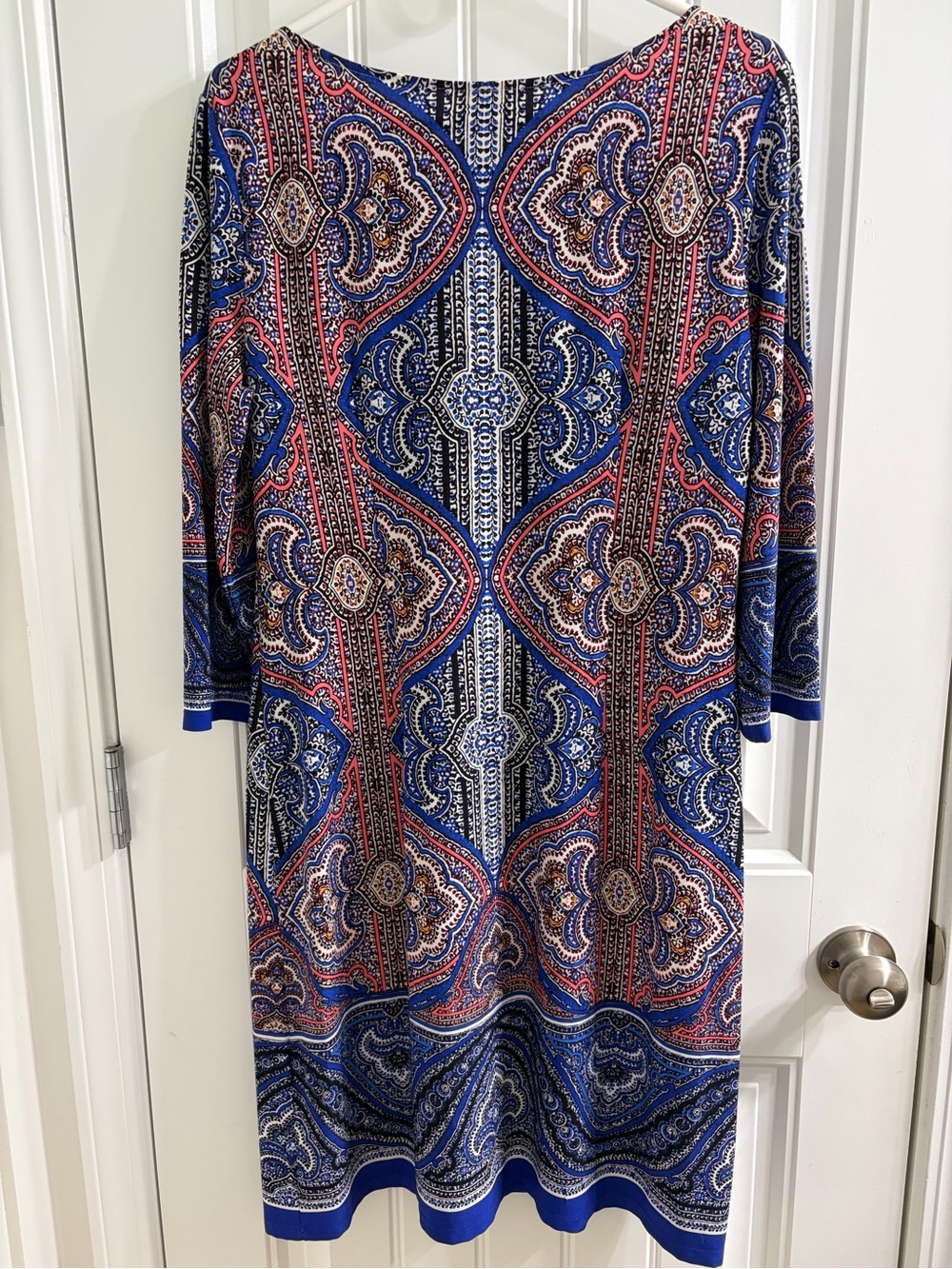London Times Blue Red Paisley 3/4 Sleeve Shift Dress 12 Geometric Mediterranean - Picture 5 of 7